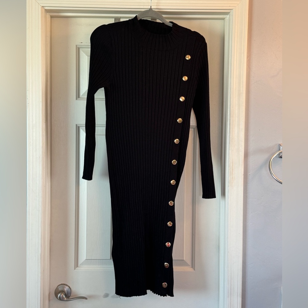 EUC Olive + Oak Black Dress with Gold Button Accents